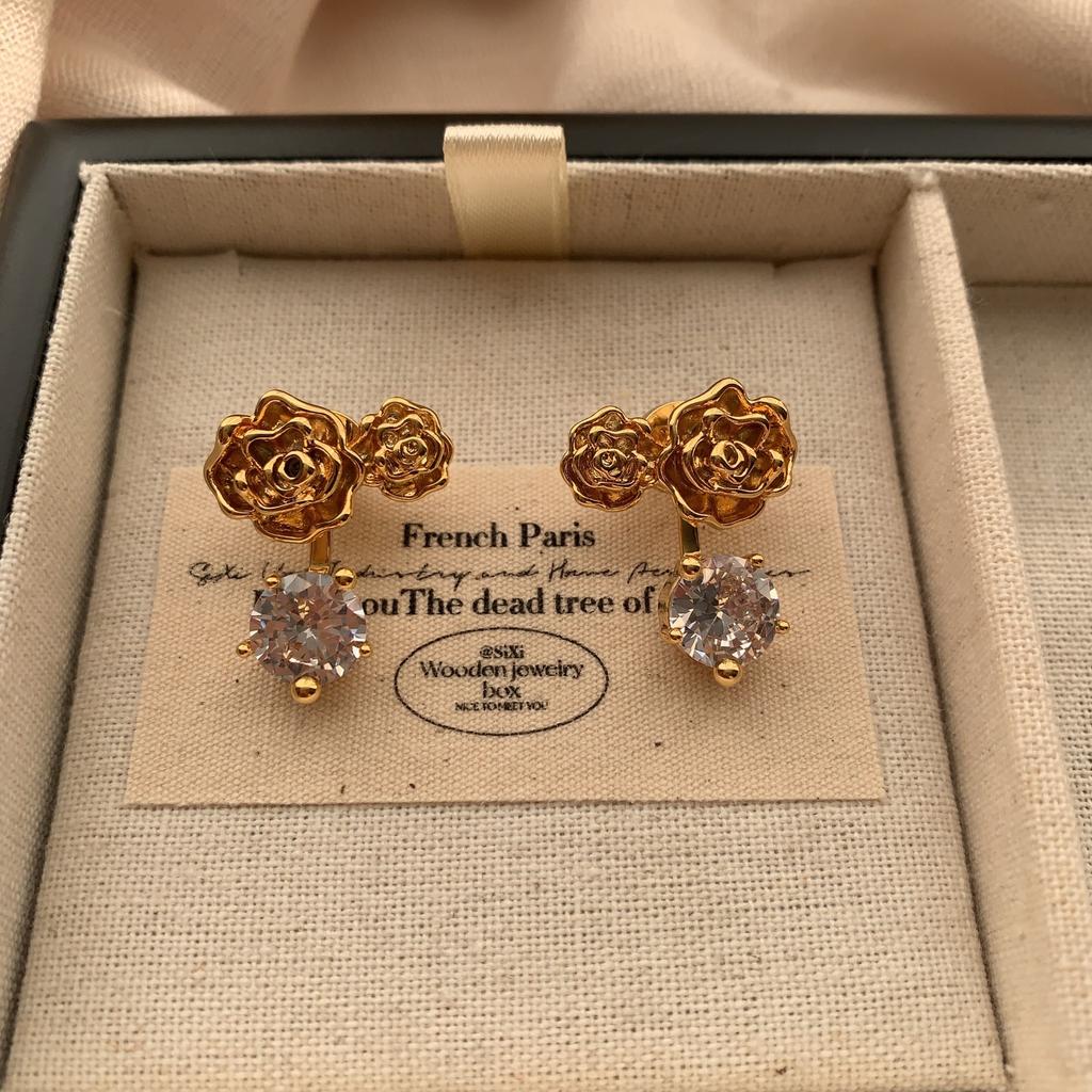 Three-dimensional gold rose bright diamond stud earrings romantic retro exquisite high-end earrings
