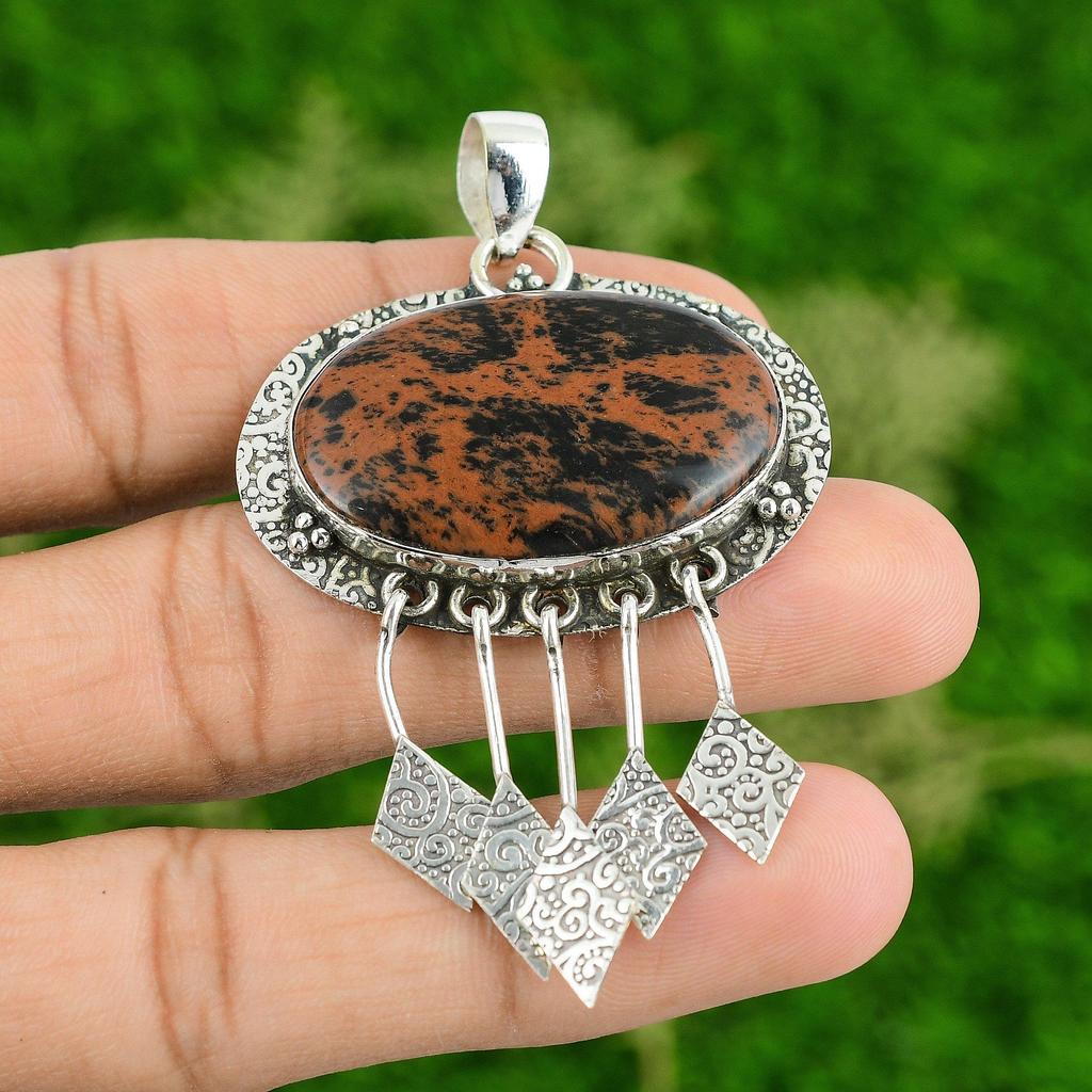 Daughters Day Deal 925 Sterling Silver Mahogany Obsidian Stone Pendant Jewelry