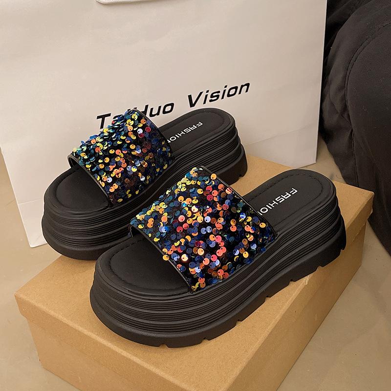 Thick-soled heightening slippers women's summer outer wear 2025 new versatile sequined one-word drag fairy sandals tide