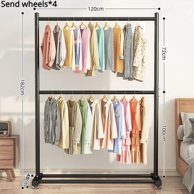 Simple Rolling Clothes Rack Floor Hanger Large Assembled Wardrobe Shoe Shelves Double Layers Coat Hanger Stand Home Furniture