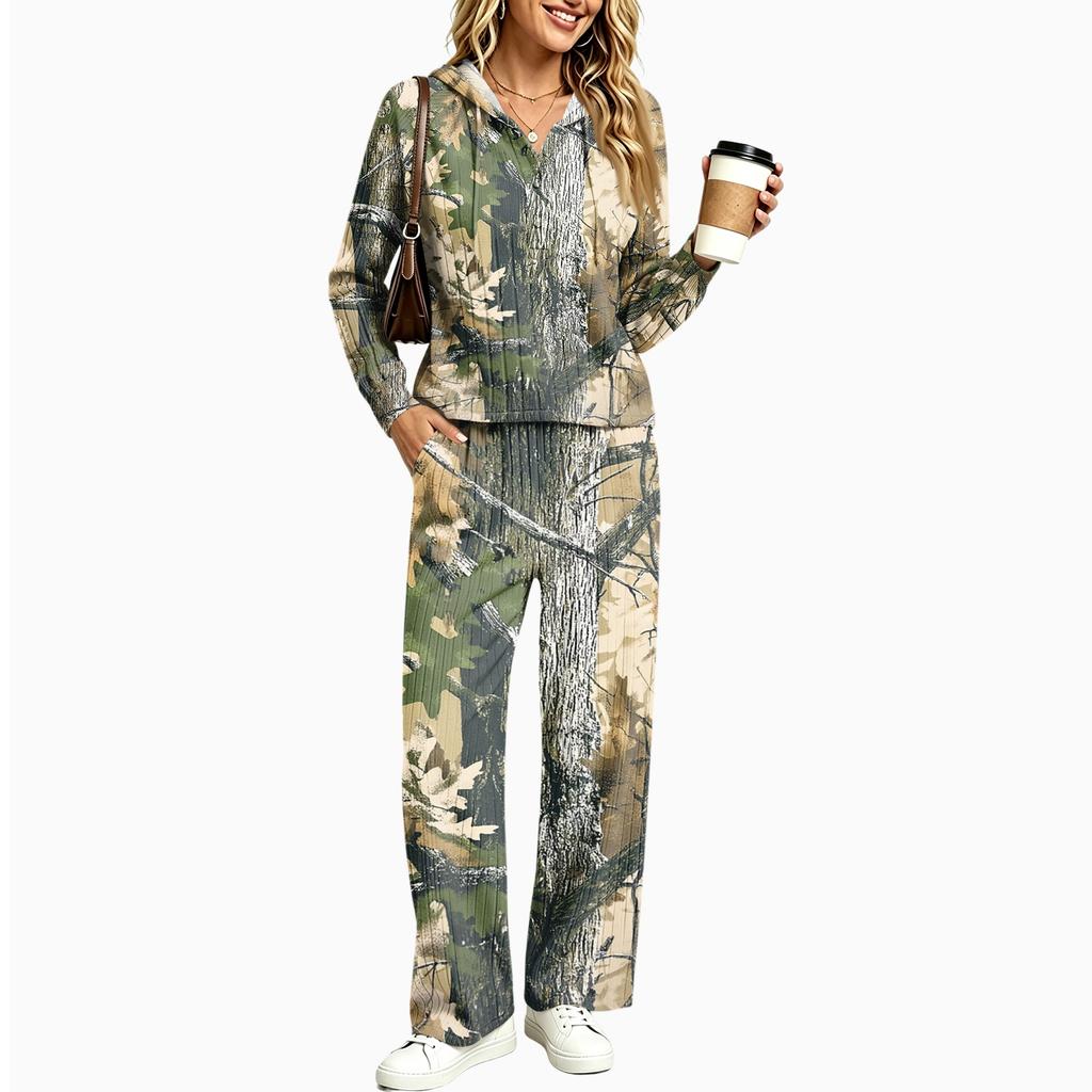 Women's Casual Hooded Pajama Set with V-Neck, Long Sleeves, Loose Fit, Print and Pockets for and Sleep