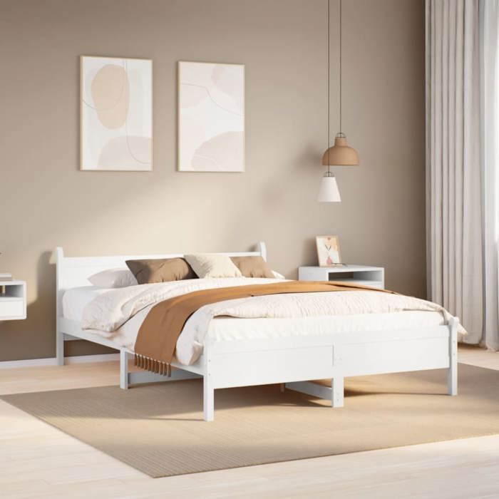 VidaXL Bed Frames Without Mattress White 135x190 Cm Solid Pine Wood, Bedroom Furniture, Slatted Base, Wooden Bed, 855607