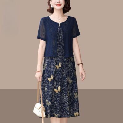 Elegant Summer Short Sleeve Dress for Women Middle Aged Fashion Slimming Fake Two Piece Mother Dress