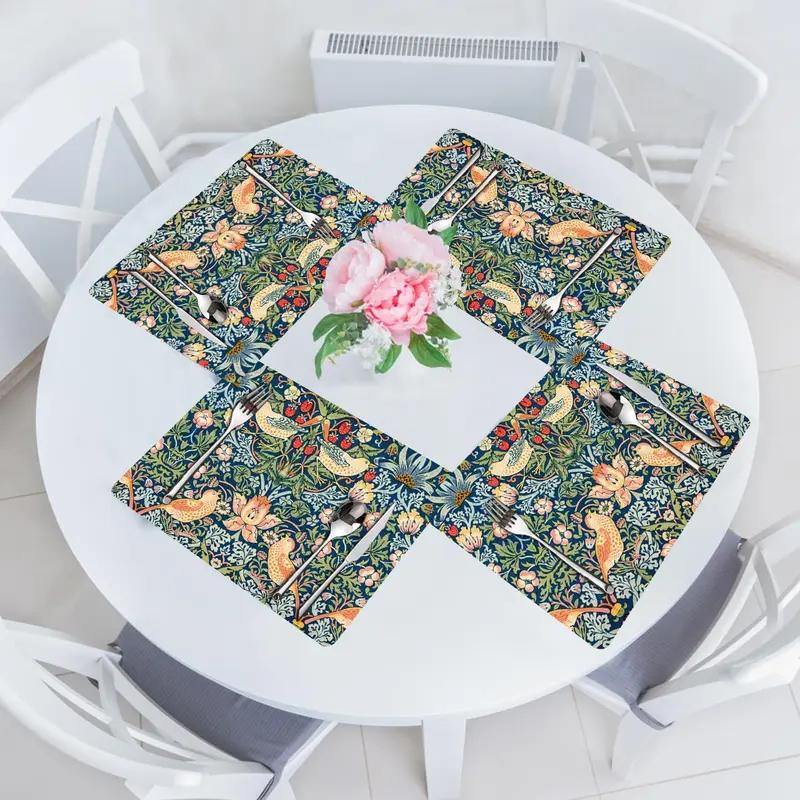 VIKAMA William Morris 'Strawberry Thief' Placemats Set of 4 Heat Resistant Washable Table Mats for Kitchen Dining Home Art Decor