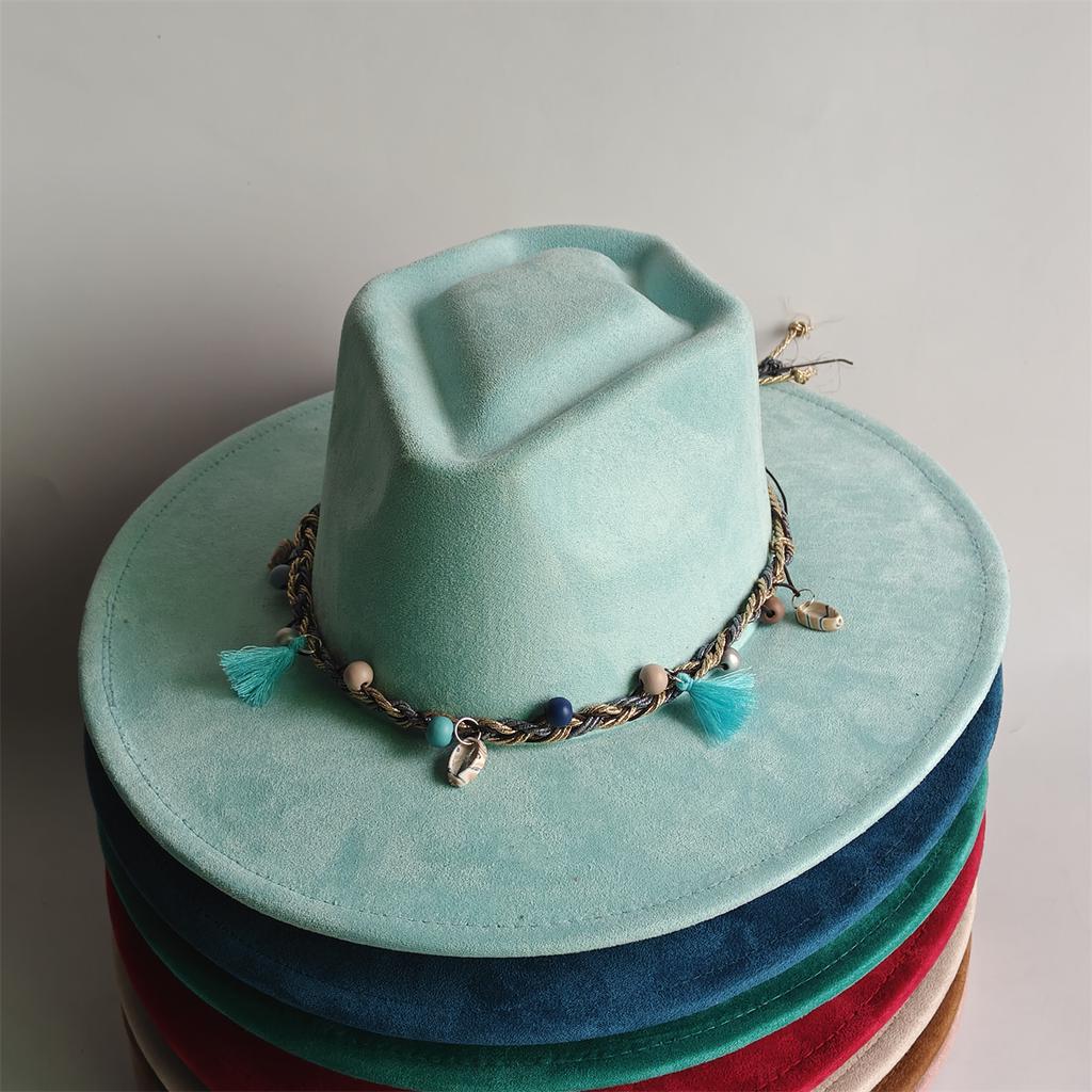Retro Arrow Top Vegan Suede Hat 9Cm Wide Brim Fedora Hat For Women Men Bohemian Style Panama Hat Rancher Hat