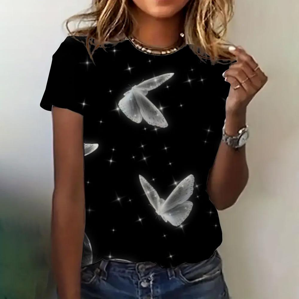Summer New T-shirt Women's Clothing Casual Short Sleeve Butterfly Pattern Round Neck Elegant Blouse Women's T-shirt Price Is Low
