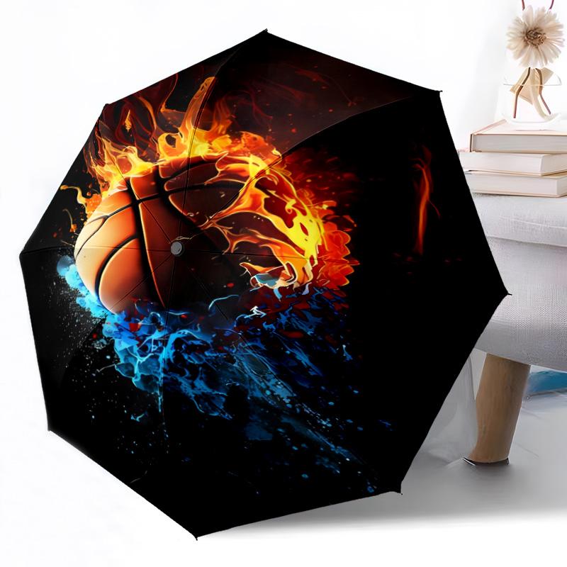 Opera d'arte Palla da Basket Fiammeggiante Ombrello Automatico da Esterno Design Retrattile con 8 Stecche Resistenza Leggero Regalo Perfetto per Amici Famiglia