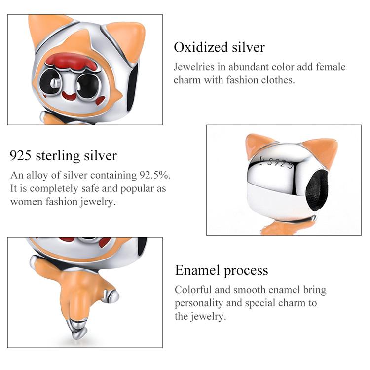 WOSTU Lively Cute Cat Orange Spacesuit 925 Sterling Silver Beads Fit Bracelet Bangle Fine Jewelry