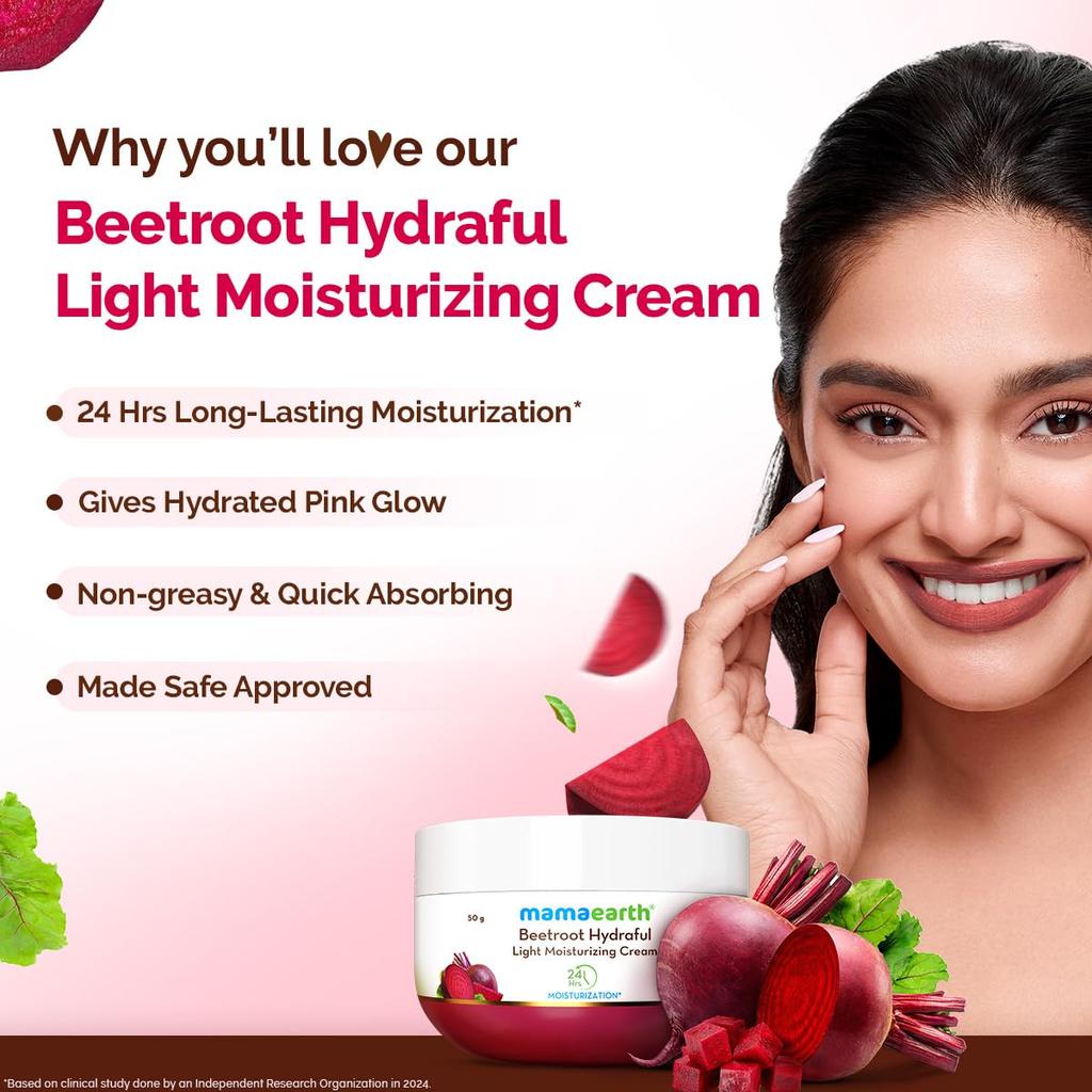 Mamaearth Beetroot Hydraful Light Moisturizing Cream 50g For Face Hand Body 24H Hydration Quick Absorbing Pink Glow