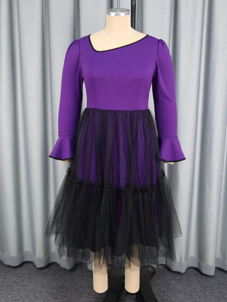 Elegant Asymmetrical Neck Patchwork Mesh Dress Long Flare Sleeve A Line Midi Dress Women Fashion Autumn Winter Casual Outfits