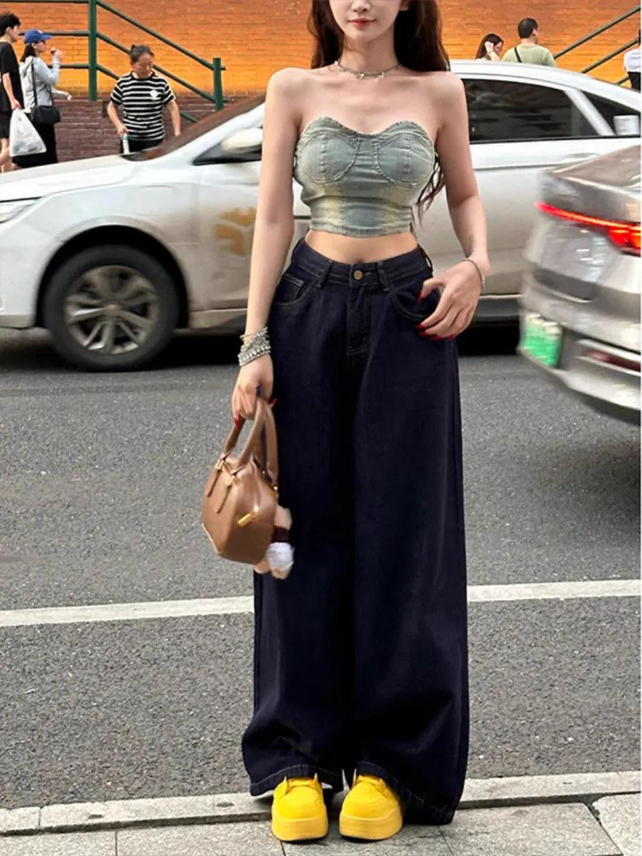 

Джинсы 2025 в стиле ретро с высокой посадкой и широкими штанинами – Большой размер, стройнящие и драпирующиеся, повседневная одежда для женщин XXL темно-синий