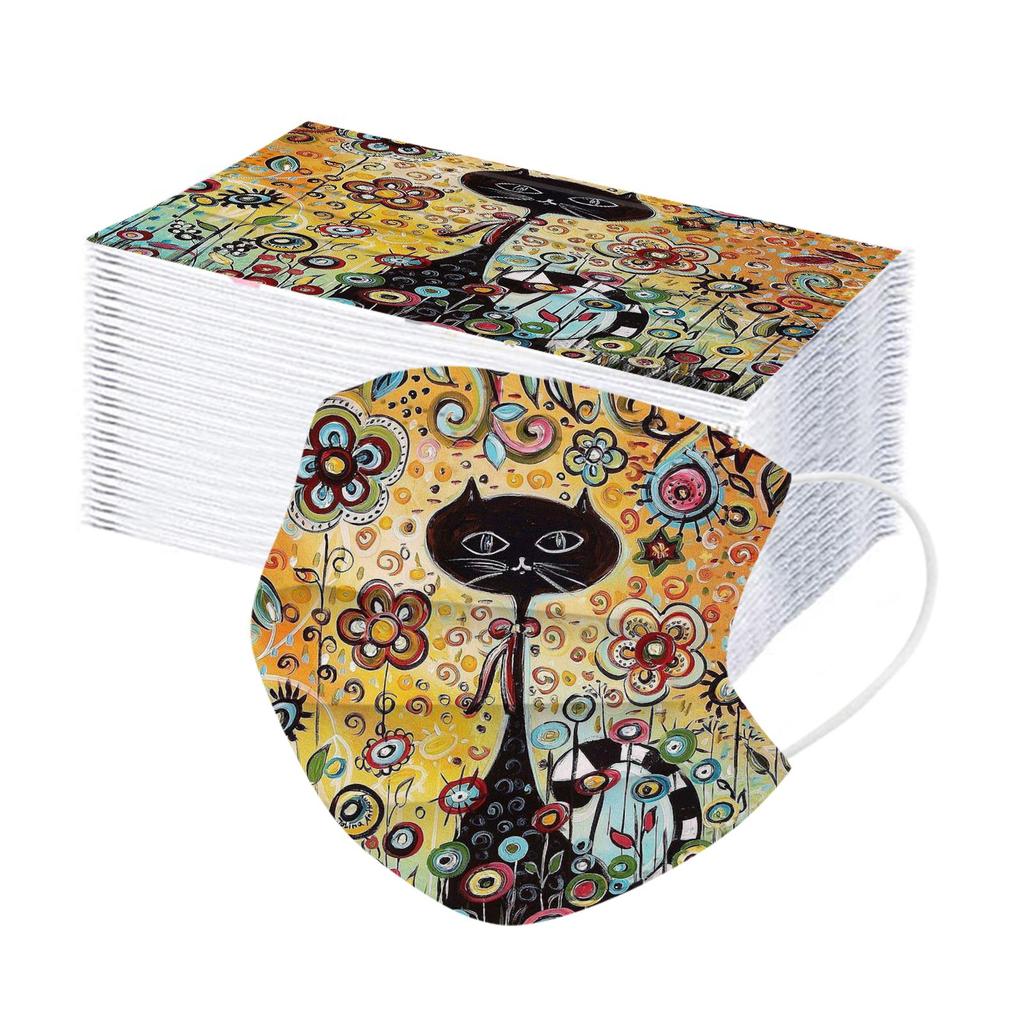 50PC Adult Flowers Cat Cartoons Printing Three-Layer Disposable Protective Mask