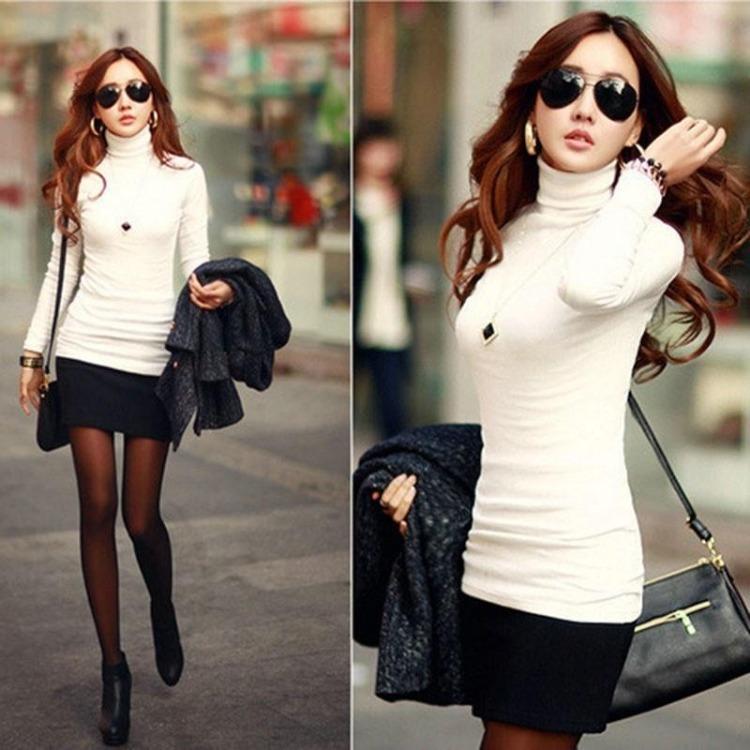 Women Stretch Cotton Turtleneck Long Sleeve Blouse Base Tops