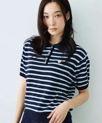KNITTED (W) Boucle Stripe Collar Knit Navy