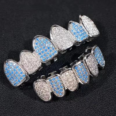 HipHop CZ Teeth Set For Unisex Blue Zircon Top Bottom Mouth Gold  Color Teeth Tooth Cap Removable Dental Fashion Jewelry