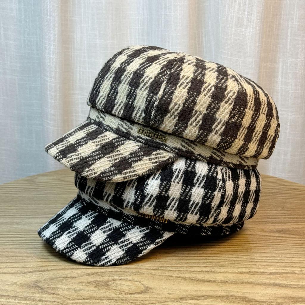 Plaid Octagonal Hat Autumn and Winter New Hat Female Painter Hat British Korean Version Trendy Beret Soft Top Short Brim Peaked Hat