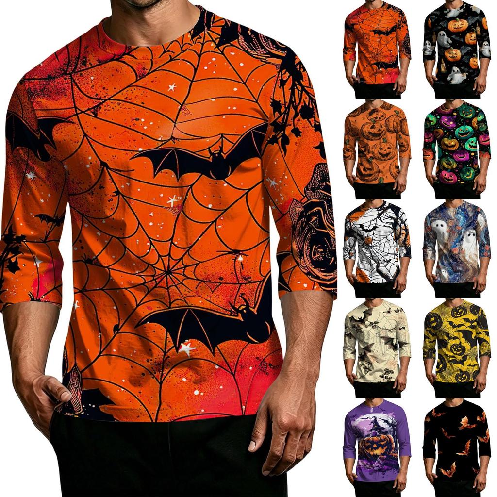 Men's Casual Halloween Print Crew Neck T Shirt Three Quarter Sleeve Top Lightweight Comfortable Fit Stylish Design