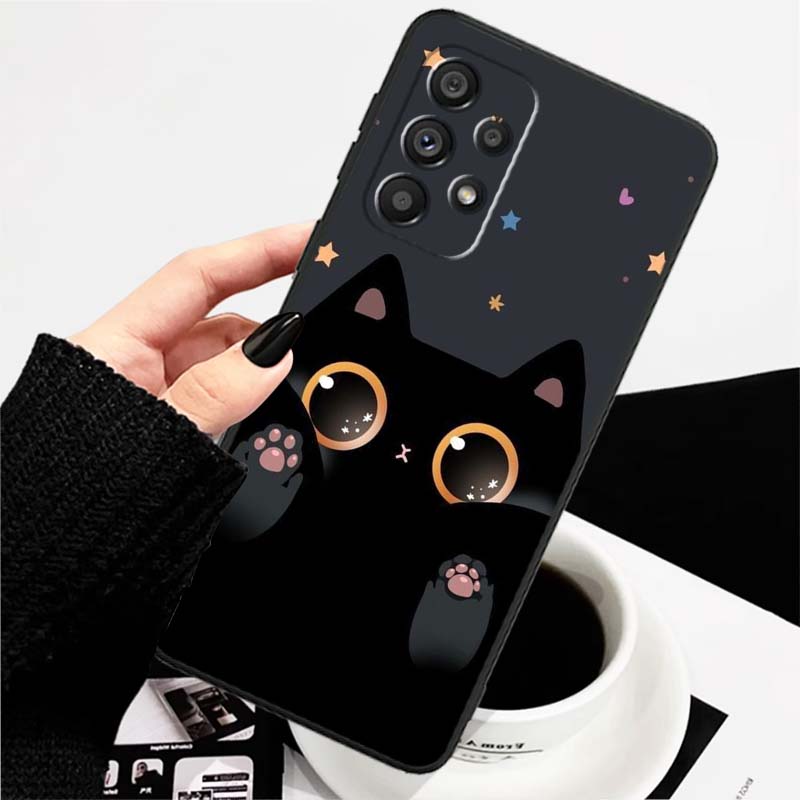 Cartoon Cat Cute For Samsung A73 A72 A71 A55 A54 A53 A52 A51 A13 A22 A16 A15 A12 A14 A26 A07 5G Black Phone Case