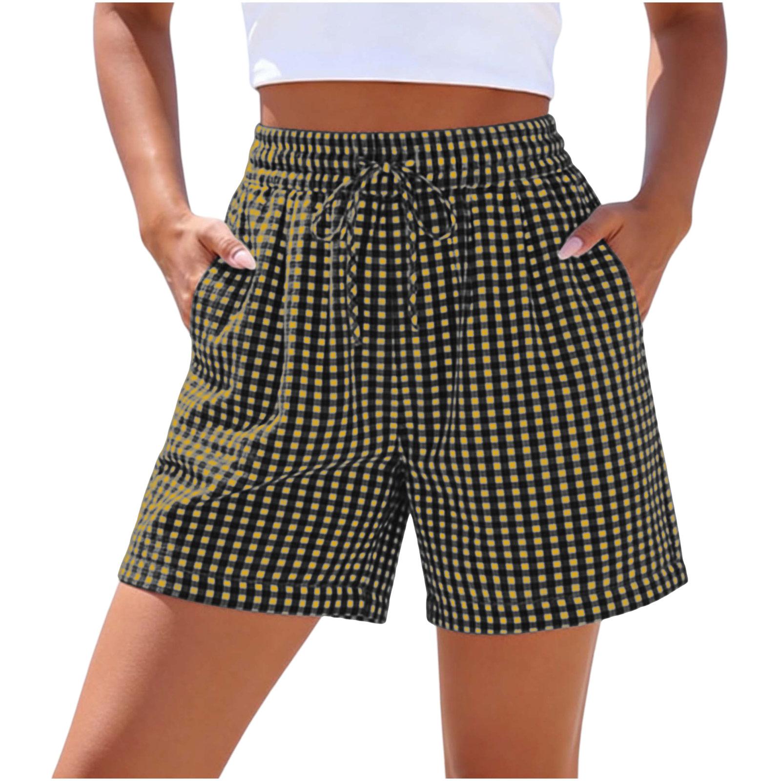 Women s Fashion Casual Loose High-Waisted Wide Leg Retro Plaid Shorts M