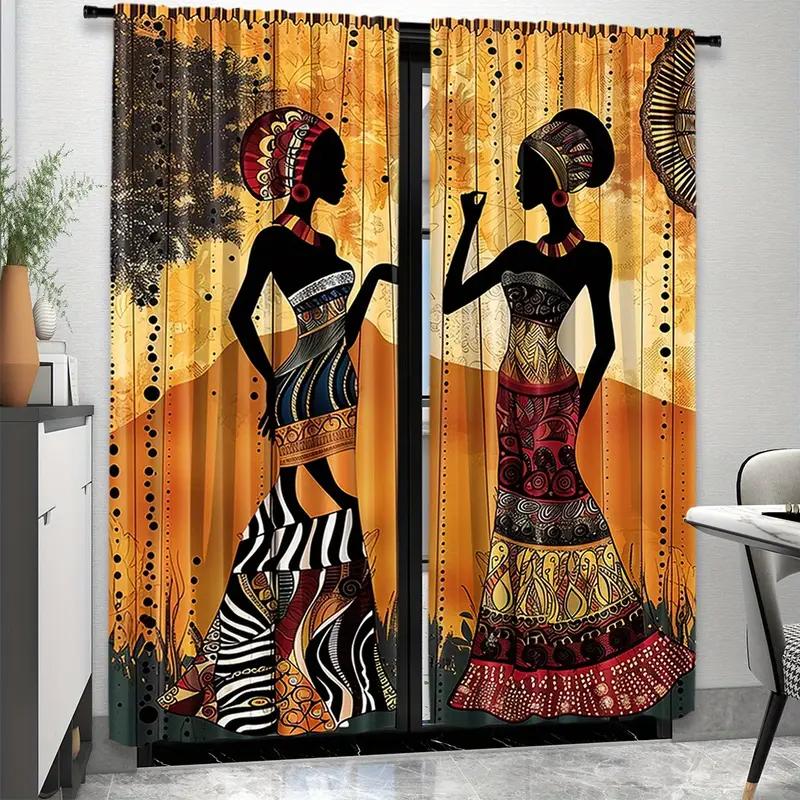 2 Stück Vorhänge mit Tribal-Beauty-Druck, Stangentaschen-Design, Sichtschutz, geeignet zur Dekoration verschiedener Szenen