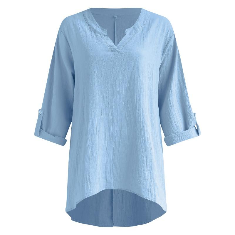 Womens Cotton Linen V Neck Long Sleeve Button Blouse