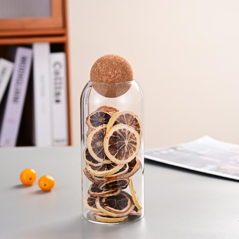 Skladovací sklenice z vysoce borosilikátového skla s korkovým víčkem na kuchyňské obiloviny a čaj, vzduchotěsná a průhledná.