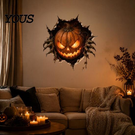 Seasonal Glass Door Stickers Halloween Break-in 3D Wall Decals, Spooky Breaking Through Walls Sticker, Illusion Reusable Props Effect Ghost