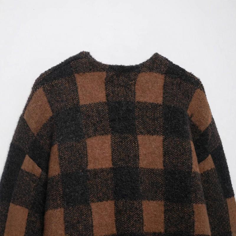 Womens Oversized Plaid Knit Coat Winter 2025 Round Neck Casual Elegant Cardigan Sweater