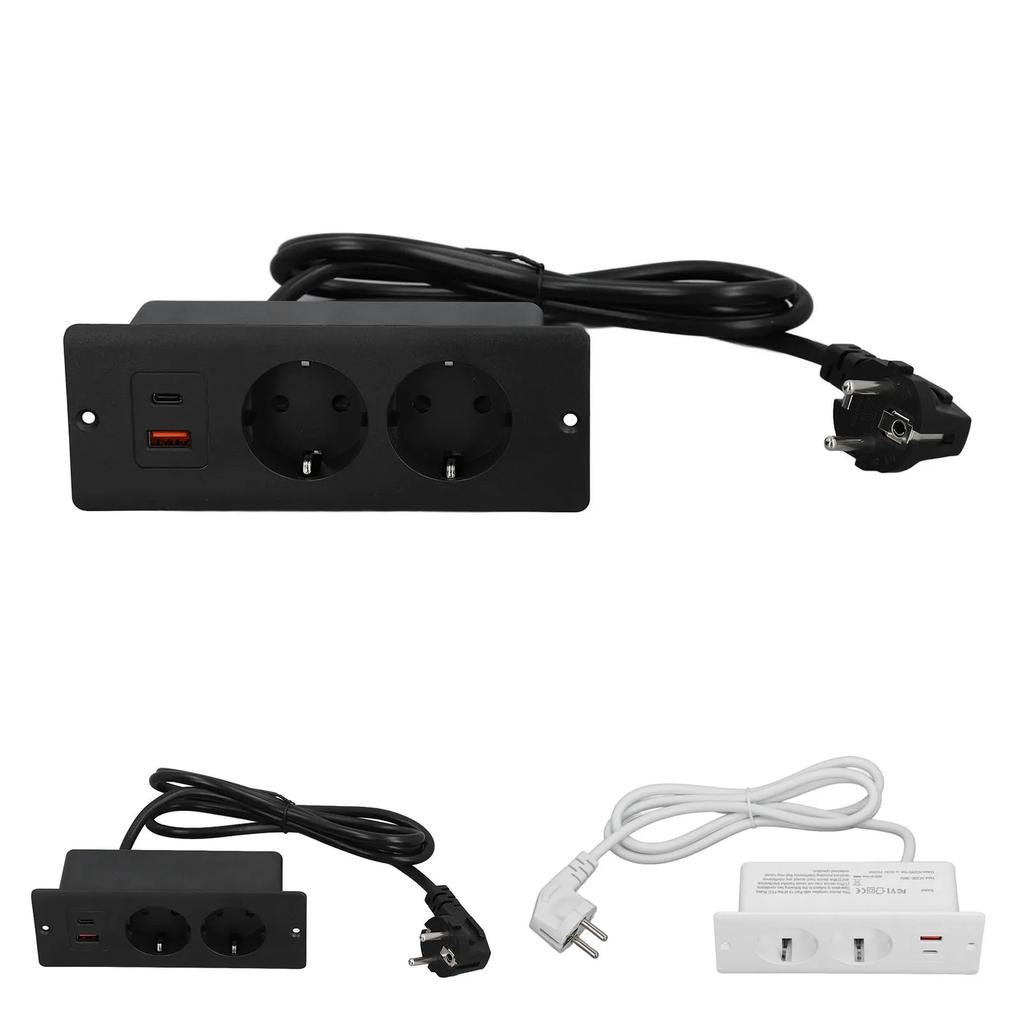 Recessed Socket 2 Outlets with PD20W USB C USB A Port Embedded Furniture Power Strip 1.5m Cord