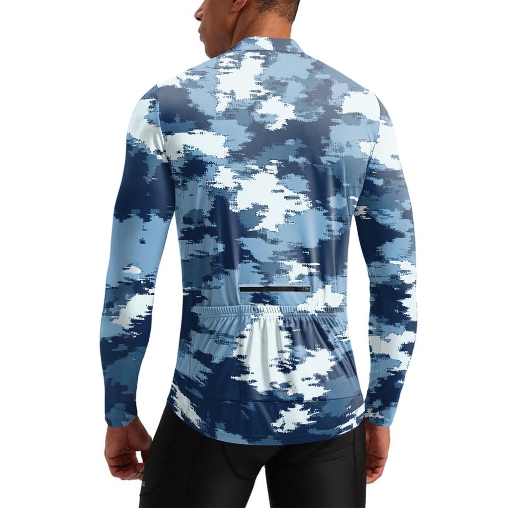 Men’s Crew Neck Printed Zip Breathable Quick Dry Long Sleeve Cycling Jersey with Digital Camouflage Pattern for Outdoor Sports Activities