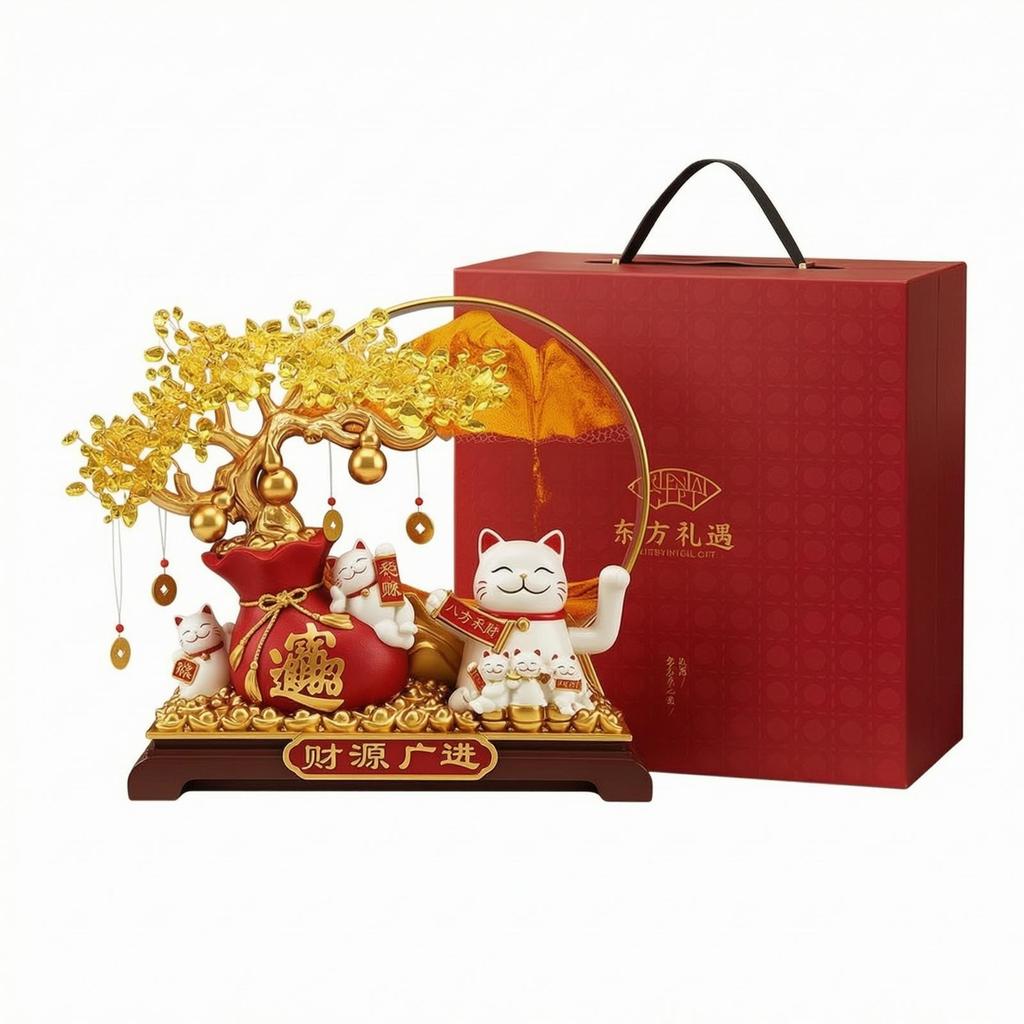Wealth Tree Ornament with Auspicious Cat Traditional Maneki-Neko Display Festive