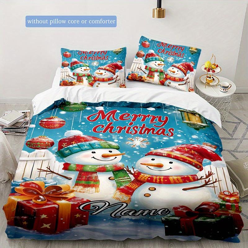 Beautifulchristmastwosnowman Customize Your Name Duvet Cover Soft Bedding Set For Bedroom Guest Room And Dorm Decoration Threepiece Set Includes 1
