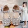 Girls Sandals Shiny Crystal Ins Trendy 2025 Summer New Kids Princess Shoes Mesh Lace Bows Girls Dance Shoes Elegant Hollowed-out