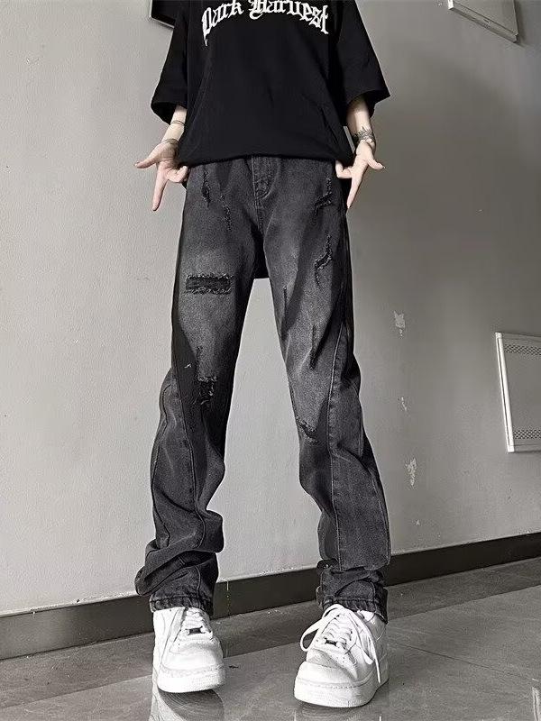 Women's Vintage Washed Ripped Flare Jeans - Loose Straight Leg Summer Pants