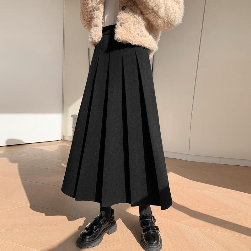 

Модная женская шерстяная плиссированная юбка, новая элегантная осенне-зимняя повседневная простая длинная юбка с высокой талией, однотонная одежда в корейском стиле 2703 S чёрный