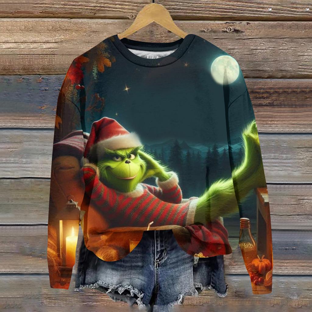Ladies' Christmas Greentown Print Casual Long Sleeved Round Neck Sports Hoodie Top