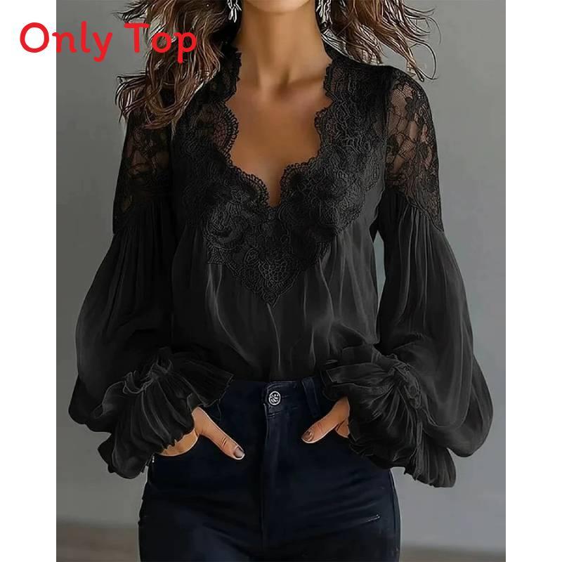 Elegante Spitzen-Patch-Bluse mit Puffärmeln und Falten-Design für Büro und Freizeit