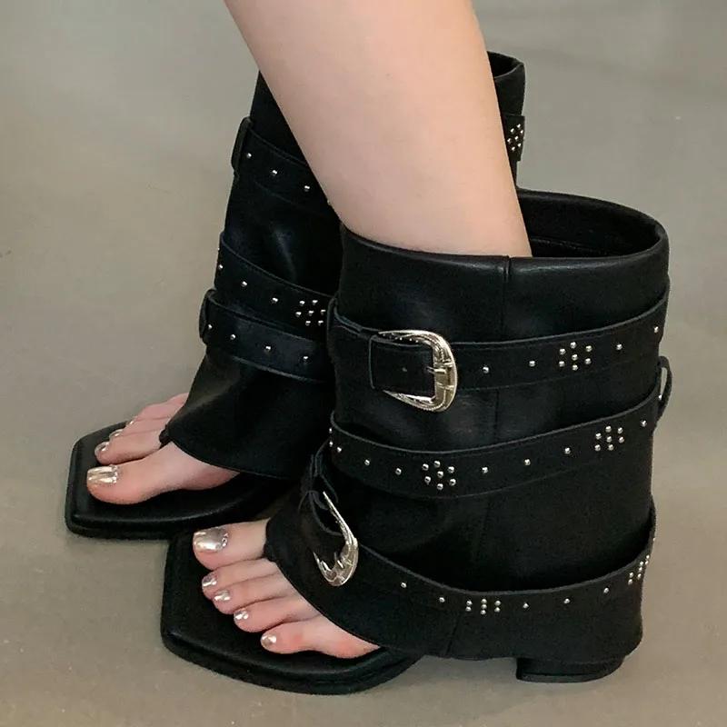 Fashion Brand Designer Shoes Woman Heeled Sandals Summer Ankle Boots Flip Flops 2025 New Clip Toe Square High Heels Leather Goth Chunky