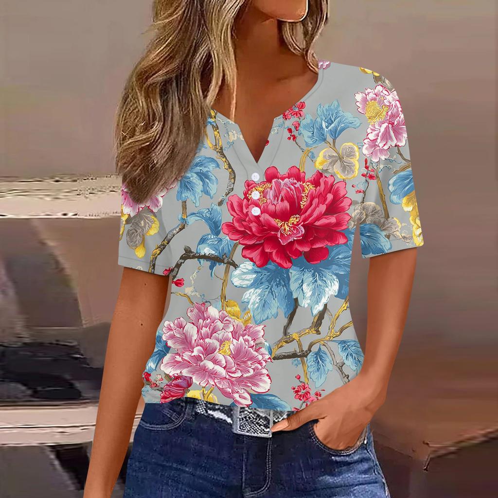 Women's Fashionable Casual Retro Print V-Neck Short Sleeve Decorative Button T-Shirt Top