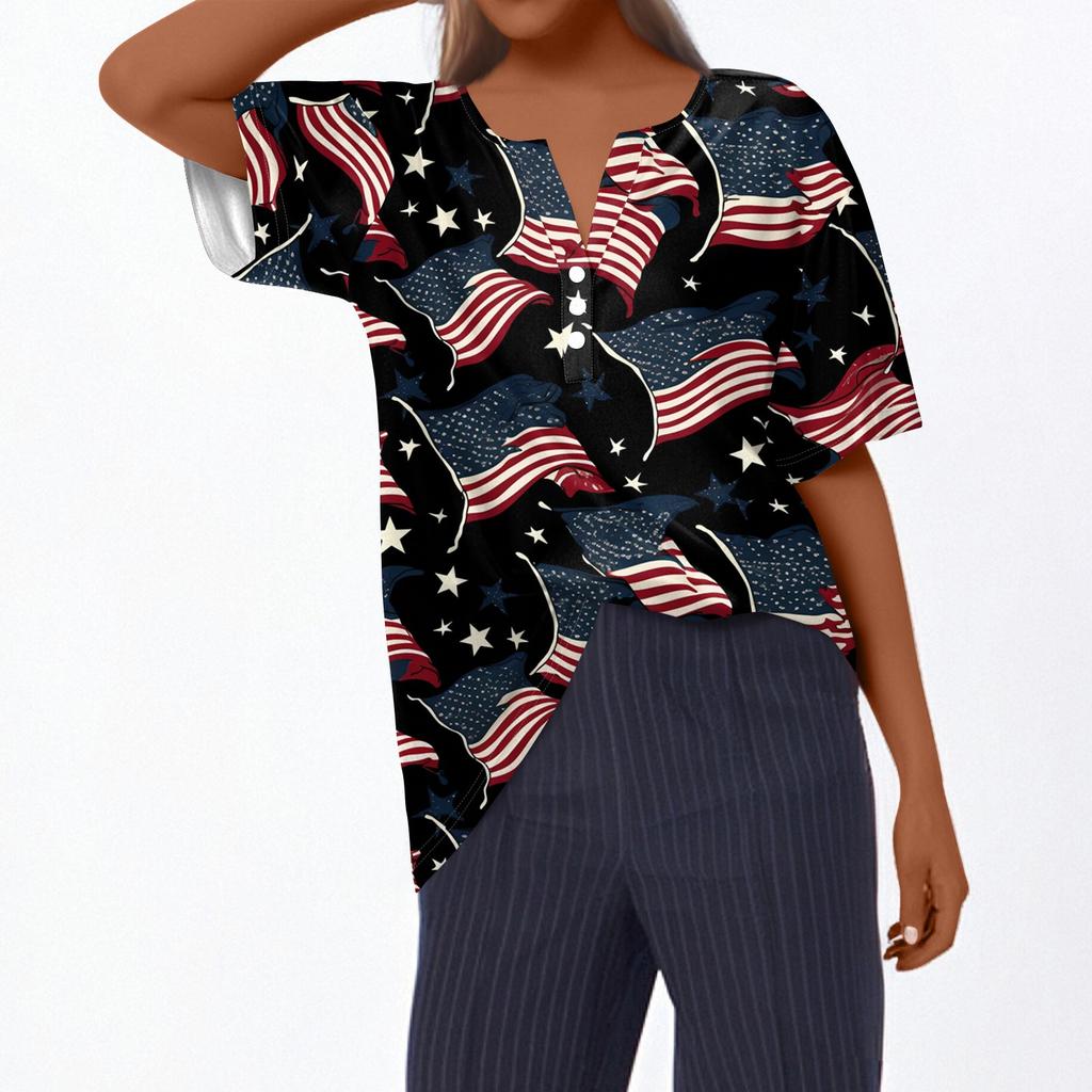 Dámské tričko Tričko Potisk knoflíku Krátký rukáv Denní víkend Móda Basic Top s výstřihem do V