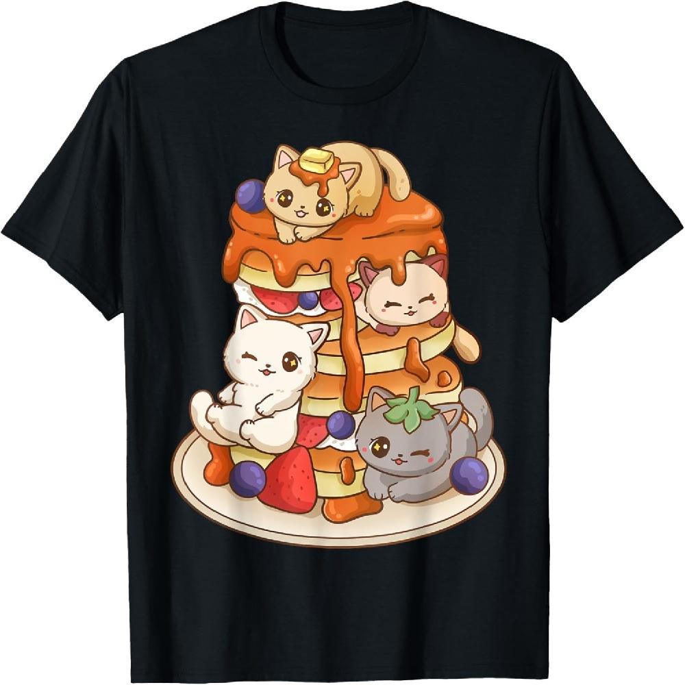 Кошка Стопка Блинов Каваи Аниме Кошка Смешная Футболка XXXXXL чёрный