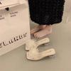Middle Heel Crystal Transparent One-word Sandals 2025 New Square-headed Open-toed Fairy Summer Wear Fashionable Flower Slippers