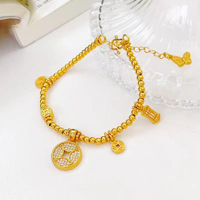Diamond-Studded Beaded Bracelet Women's 24K Gold AU999 - Round Gold Beads, Sparkling Diamonds, Ideal for Daily Commute