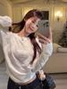 Women's White Lace Patchwork Sailboat Embroidered Long Sleeve T-shirt - Korean Style Early Autumn Versatile Top