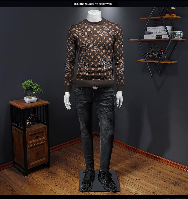 Męski zimowy europejski sweter z żakardowej wełny 2024 - Modny dzianinowy z okrągłym dekoltem, codzienna odzież