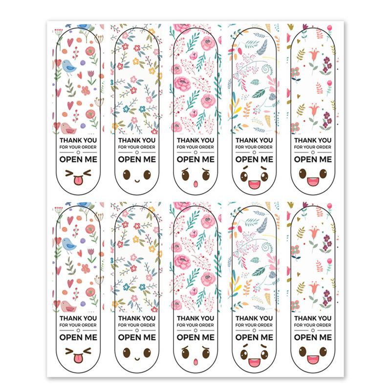 Emojis, Floral Images, Packaging Stickers, Gift Box Sealing Stickers, Rectangular, 100 Stickers, Cute Pattern Wrapping Paper