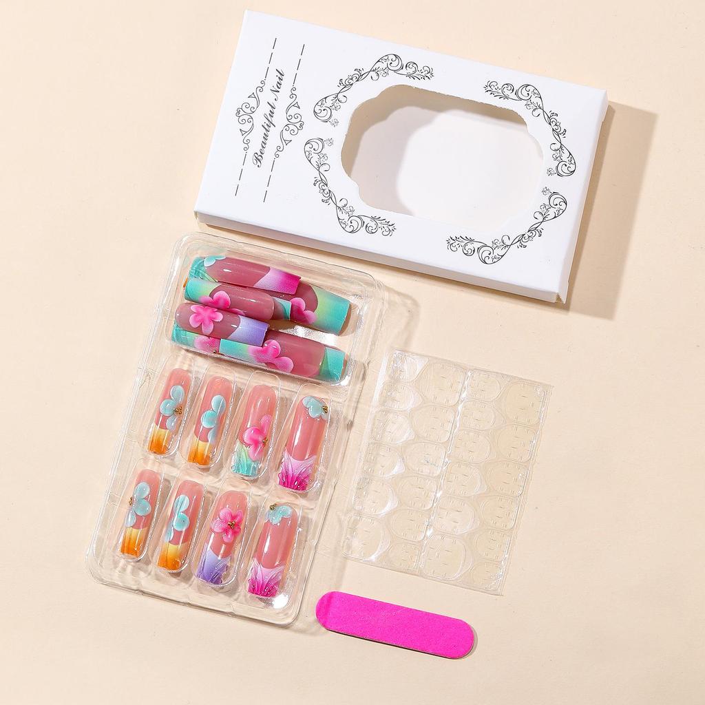 Light Pink 3D Floral Medium Length Wearable Handmade Painted False Nail Tips