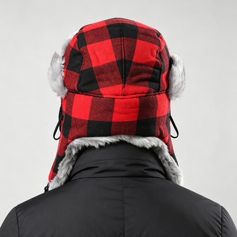 Warm Winter Beanie Hat With Face Mask Ear Protection Red Black Plaid Fleece Lined Unisex Ski Cap