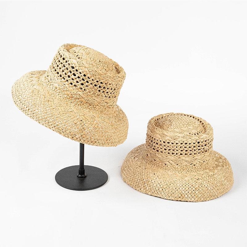 New French Retro Style Breathable Hollow Pattern Wide Brim Raffia Sun Hat Ladies Summer Travel Trendy Concave Top Straw Hat