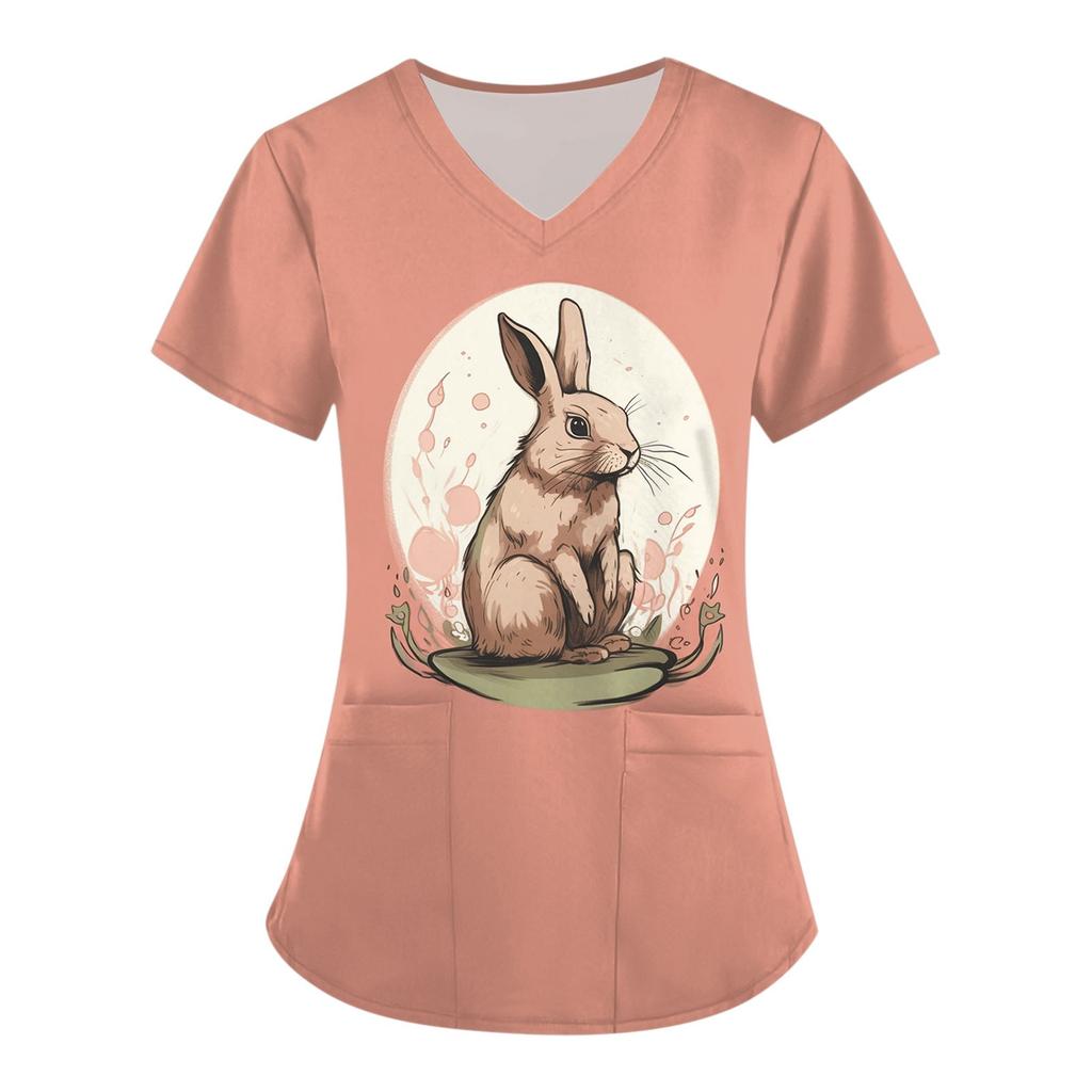Women's Fashion V-neck Short Sleeve Workwear With Pockets  Printed Tops